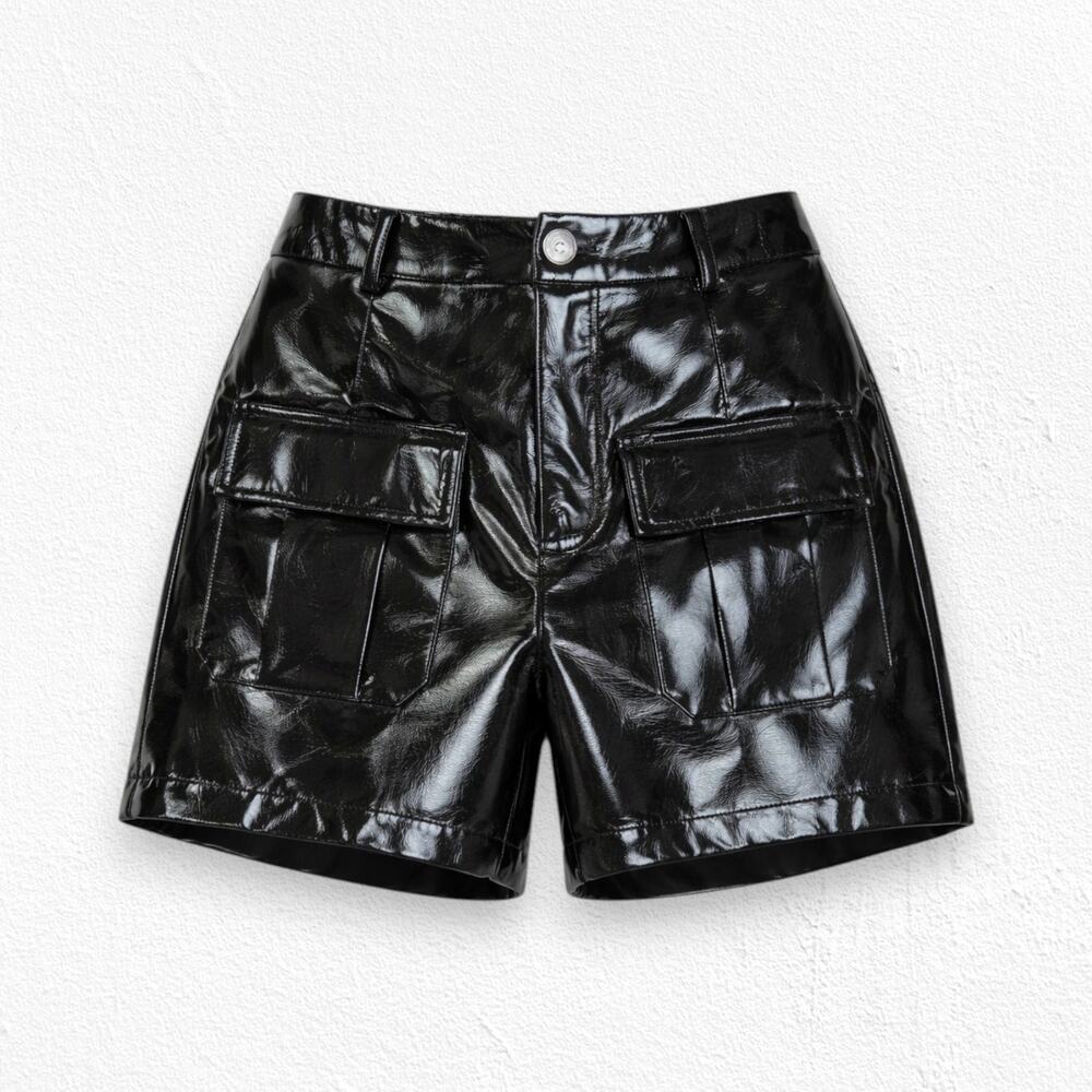 NSR Black Shiny Patent Faux Leather Cargo Utility High Waisted Shorts Size Small